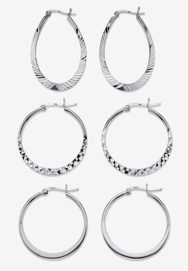 Sterling Silver Diamond Cut 3 Pair Hoop Earrings Set (33Mm), SILVER, hi-res image number 0