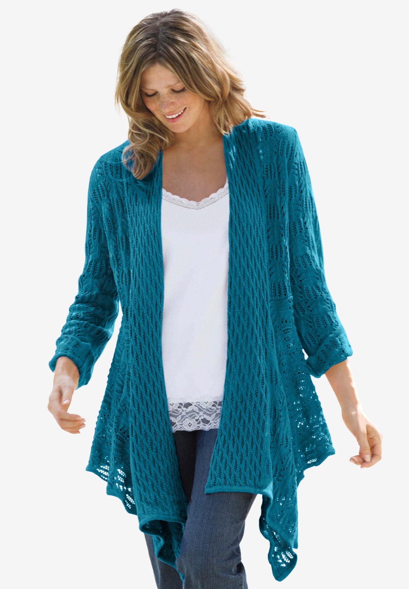 Open front pointelle cardigan clearance