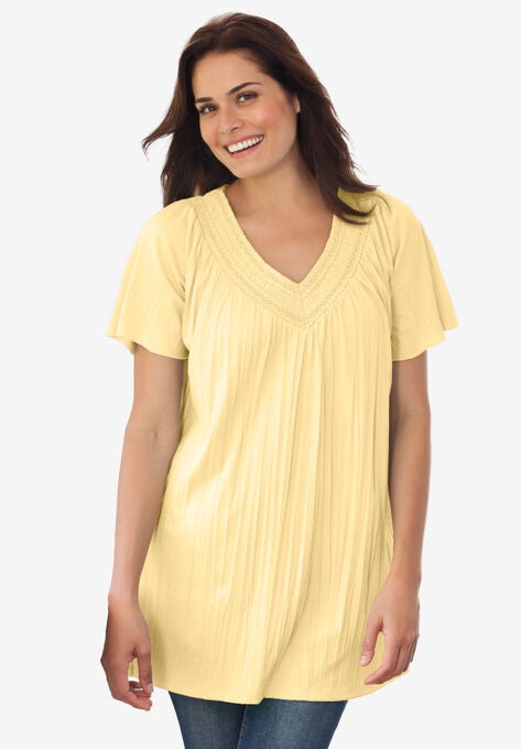 Short-Sleeve V-Neck Crinkle Tunic, BANANA, hi-res image number null