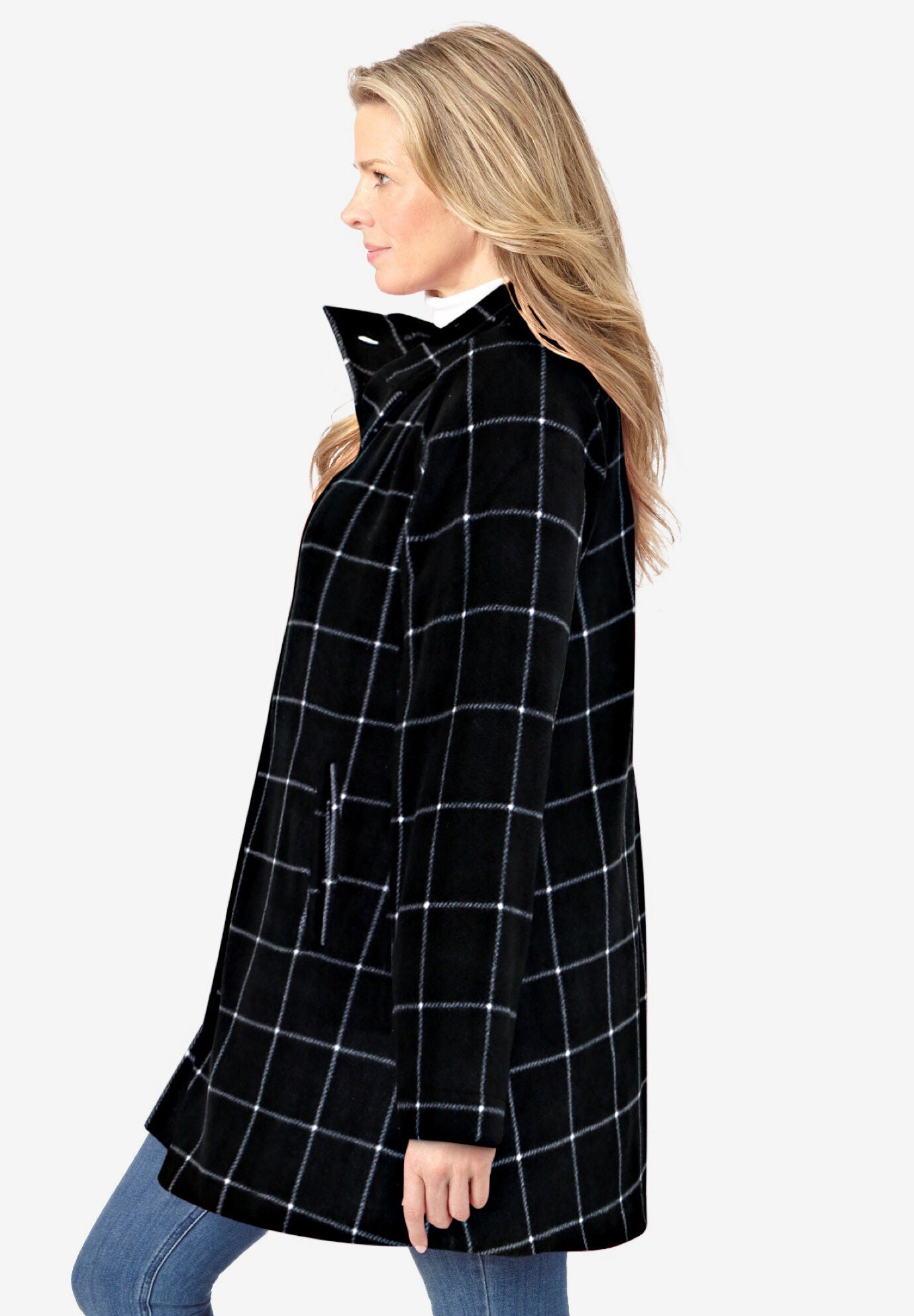 Fleece Funnel Neck Swing Coat Cozy Women s Jacket Black Windowpane Plaid Woman Within