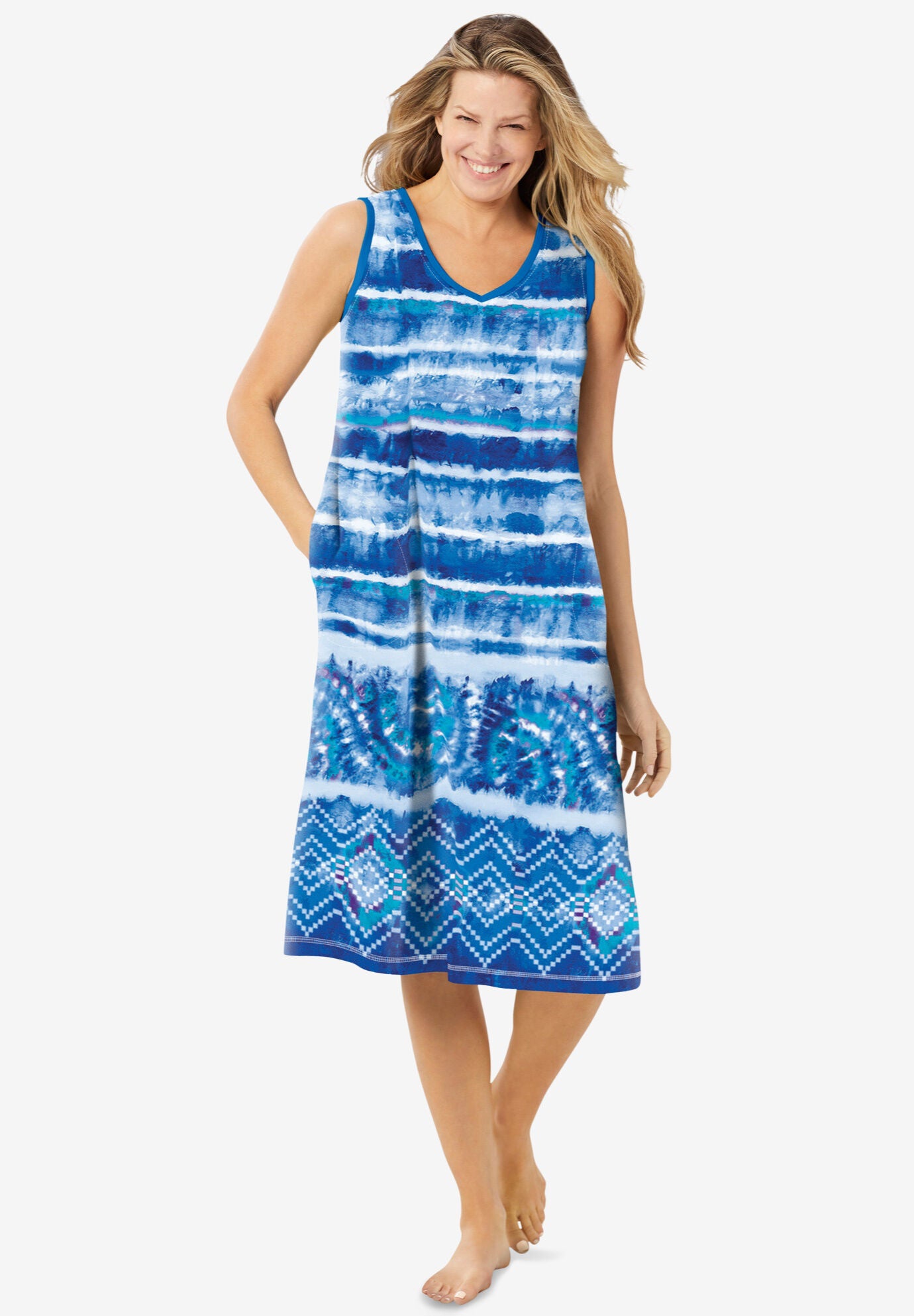 V Neck Trapeze Short Lounger Side Pockets Bright Cobalt Tie Dye Stripe