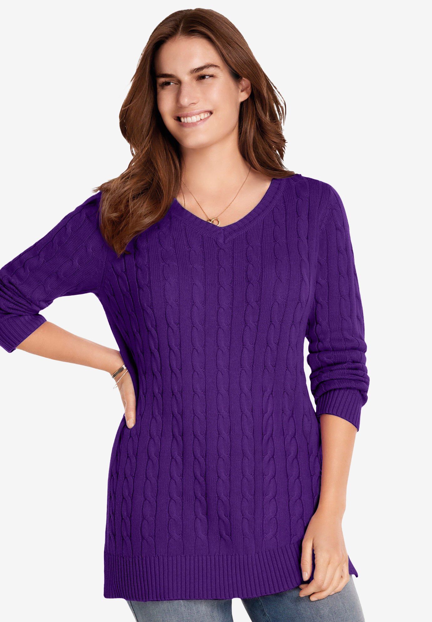 Cable Knit V-Neck Pullover Sweater | Woman Within