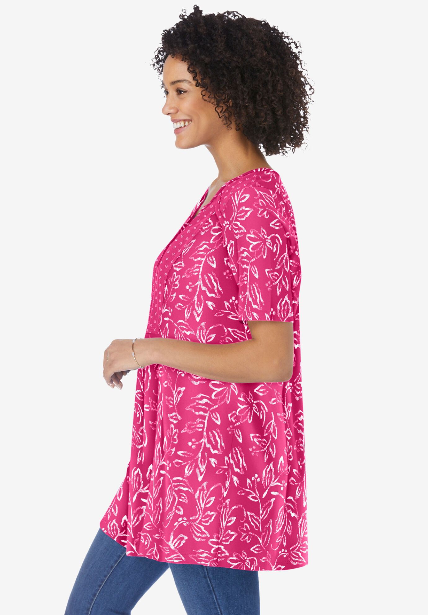Mixed Print Henley Tunic, RASPBERRY SORBET STENCIL, alternate image number 2