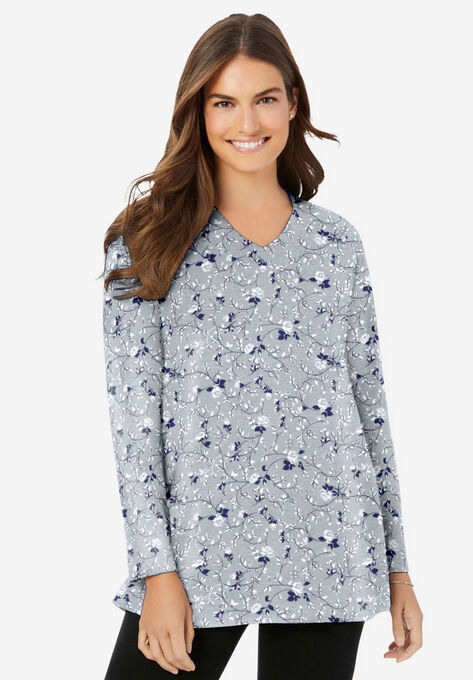 Perfect Printed Long-Sleeve V-Neck Tunic, HEATHER GREY ROSE VINE, hi-res image number null