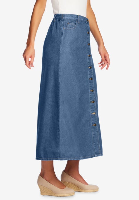 Button Front Long Denim Skirt, , alternate image number null