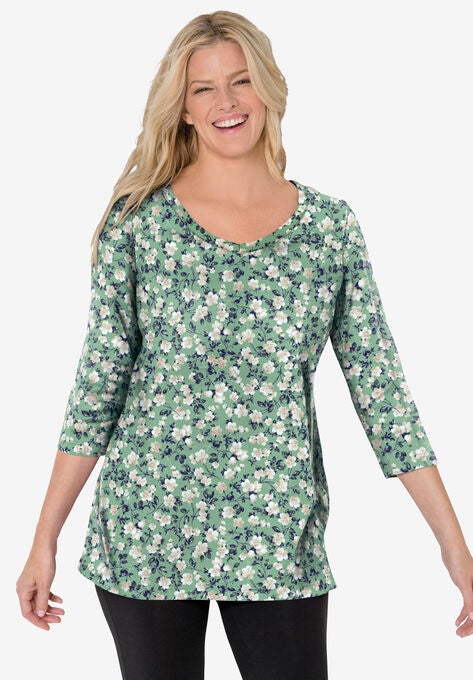 Perfect Printed Three-Quarter Sleeve V-Neck Tee, , alternate image number null