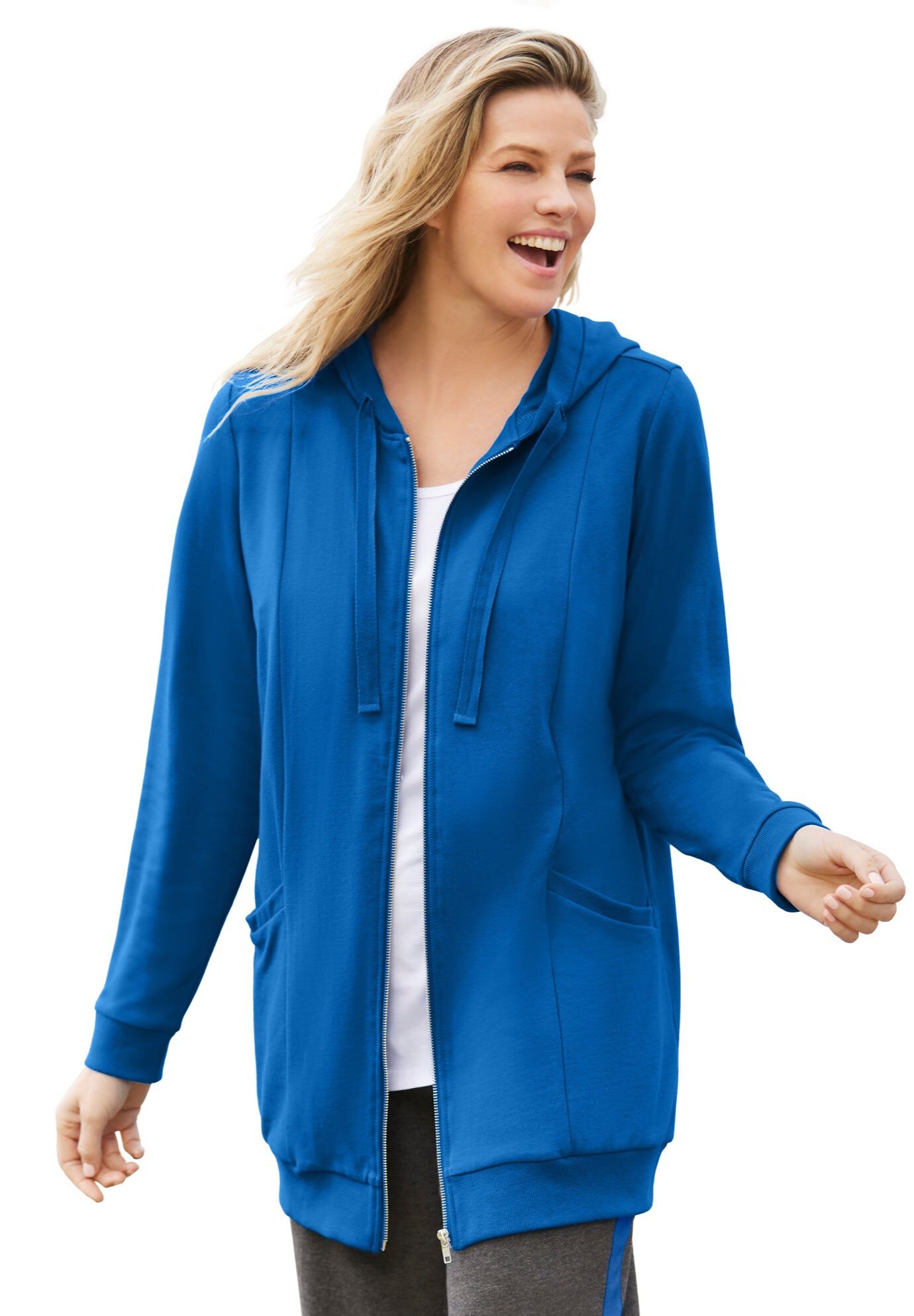 Zip Front Tunic Hoodie Jacket, BRIGHT COBALT, hi-res image number 0