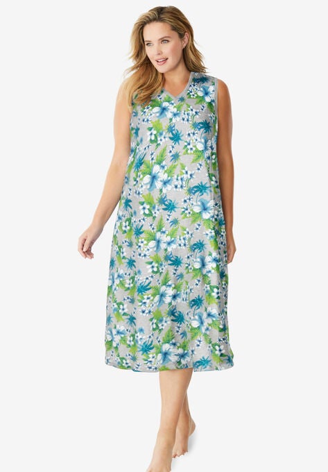 Long Sleeveless Sleepshirt , HEATHER GREY BLUE TROPICAL, hi-res image number null