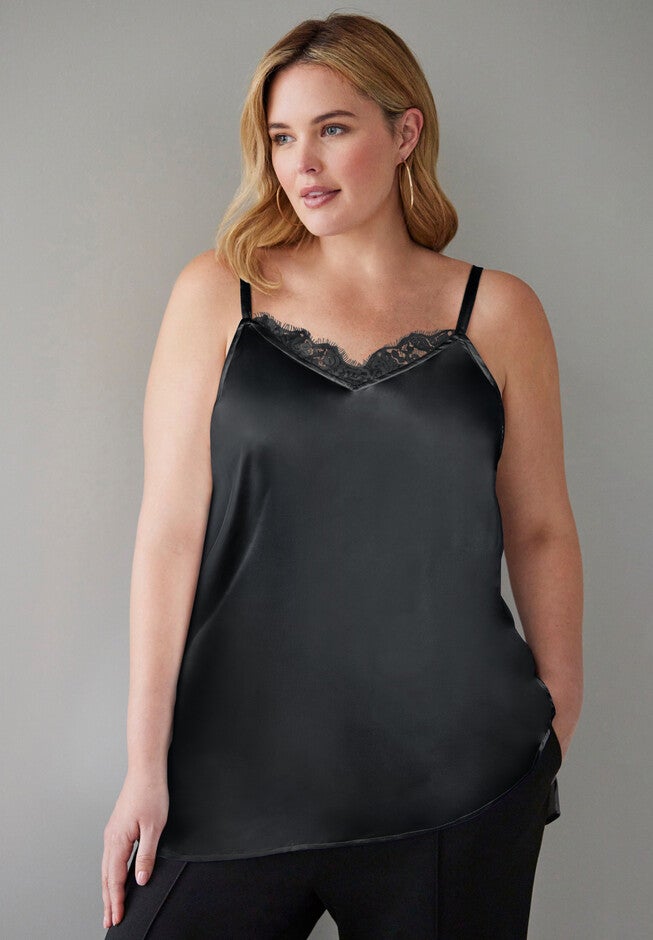 Satin Lace Tank, BLACK, hi-res image number 0