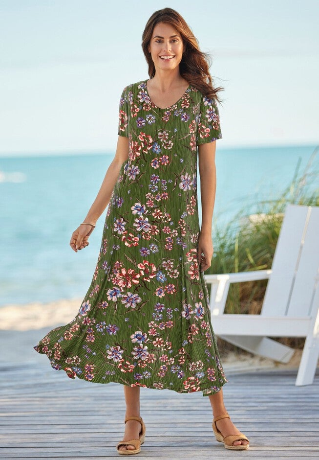Crinkled Short-Sleeve Maxi Dress, Dark Basil Floral Woman Within