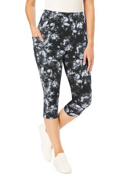 Stretch-Cotton Knit Pull-On Printed Pocket Capri Leggings