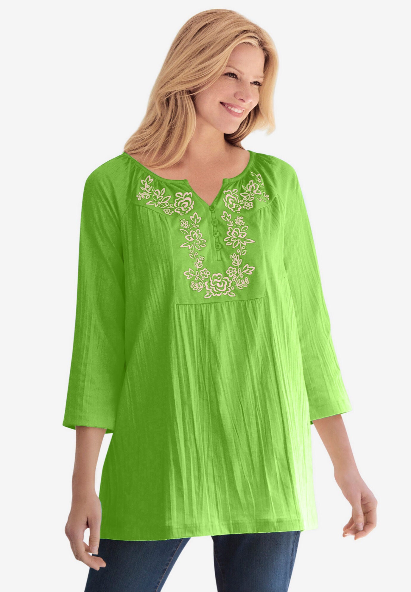 Embroidered Crinkle Tunic with Smocked Neckline, Paradise Blue Rose