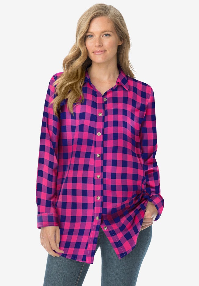 Cozy Cotton Flannel Classic Shirt 30" Tunic Length, Navy Plaid Woman