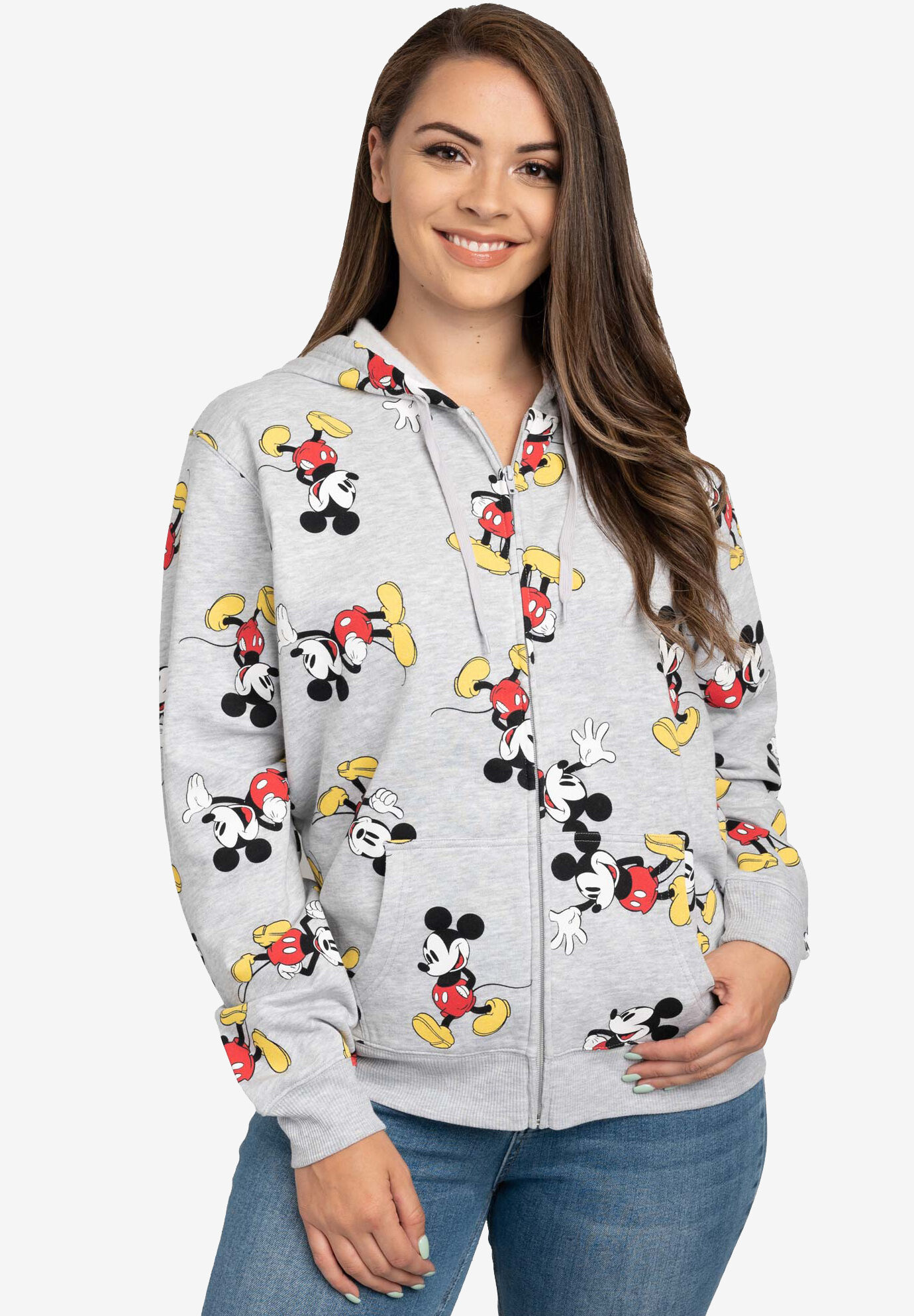 Disney Mens Mickey Mouse Zip Up Hoodie All-Over Print Sweatshirt Heather  Gray 
