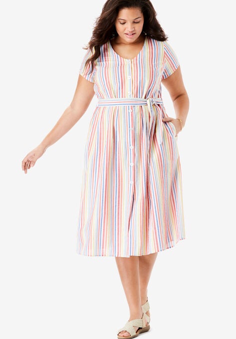 Short Sleeve Seersucker Button Front Dress Plus Size Casual