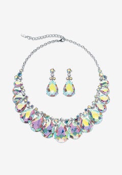 Silver Tone Tone Bib Necklace Set, Aurora Borealis Crystal, 16"