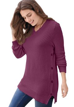 Side Button V-Neck Waffle Knit Sweater