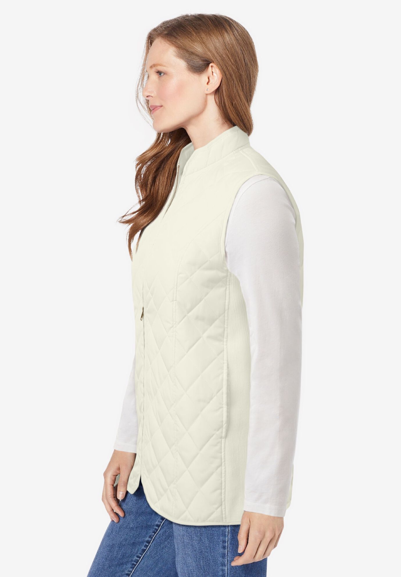 Zip-Front Quilted Vest, IVORY, alternate image number 2