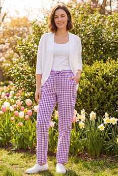 Seersucker Pull-on Elastic-Waist Pants