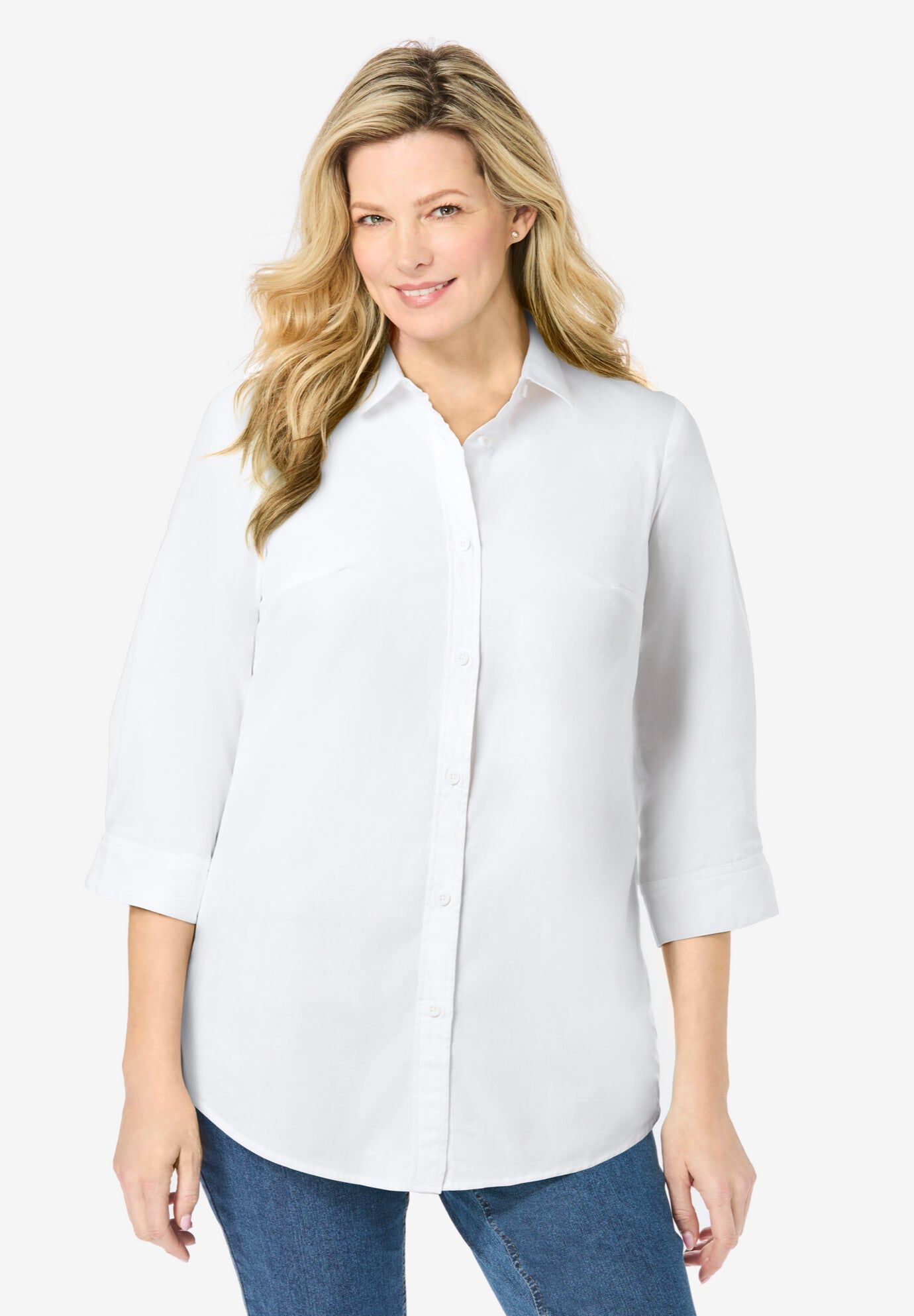 Women's 3/4 Sleeve V-Neck Blouse - Loose Fit Summer Top, 95% Polyester 5% Spandex (White)