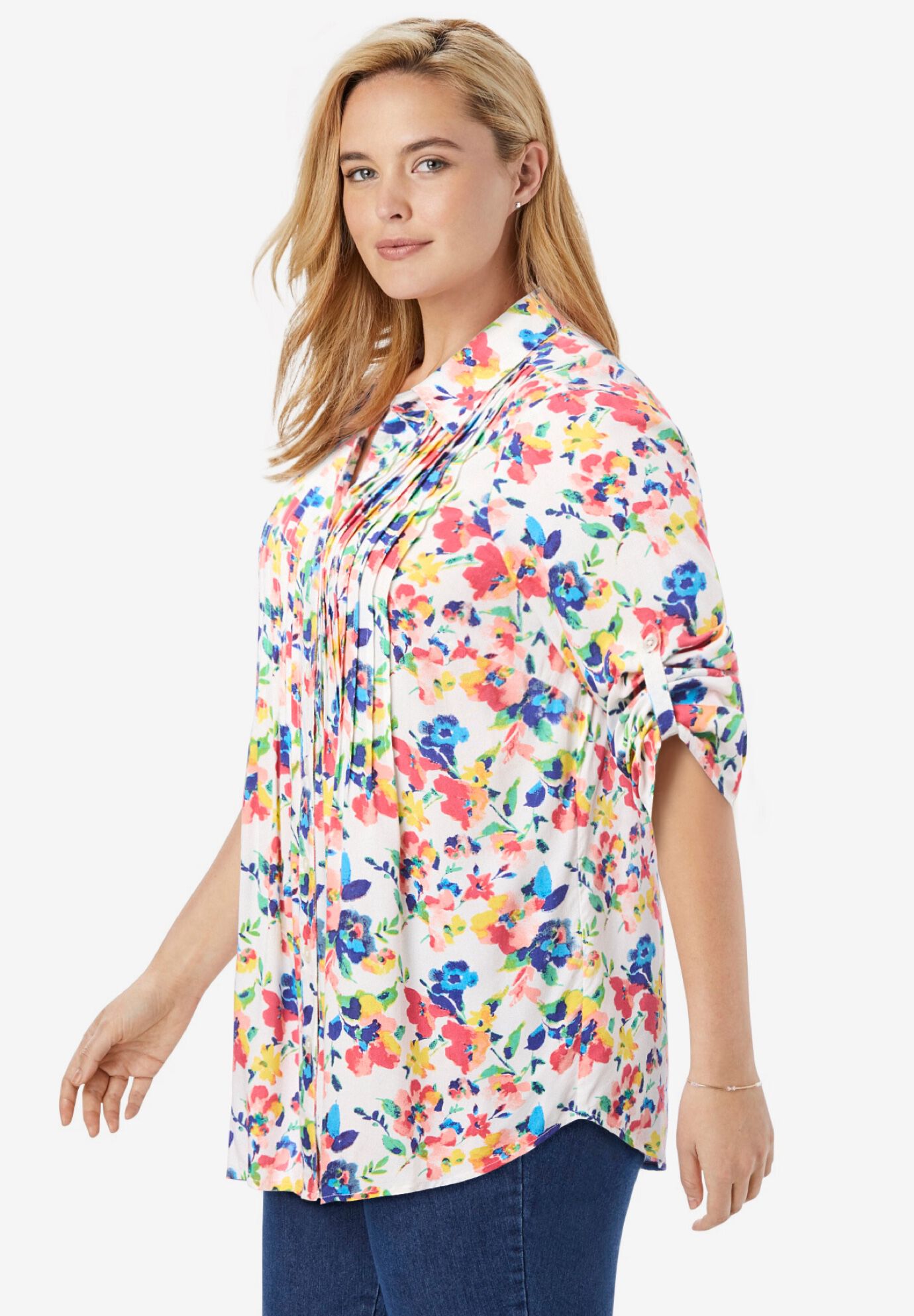 Pintucked Tunic Blouse - Easy-Care Rayon, White Watercolor Pintucked Tunic Blouse - Easy-Care Rayon, White Watercolor