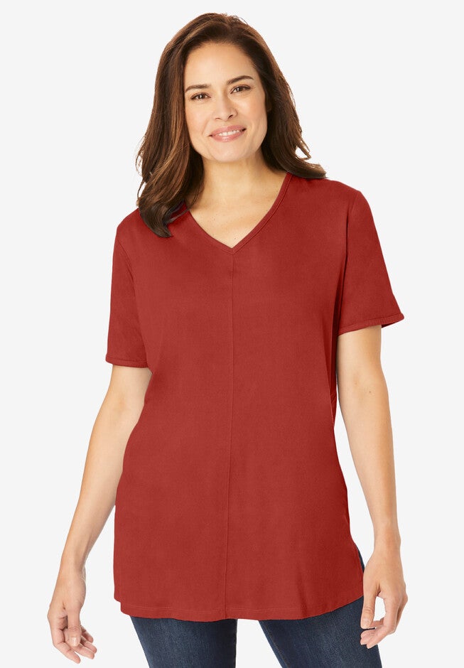 Versatile Faux Suede Tee with VNeckline, Red Ochre Woman Within