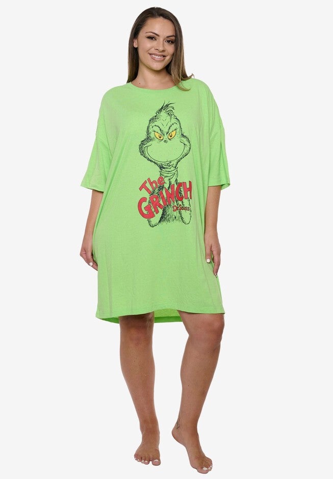 Women's Dr Seuss The Grinch Sleep Shirt Nightgown Night Shirt Green One Size, GREEN, hi-res image number 0