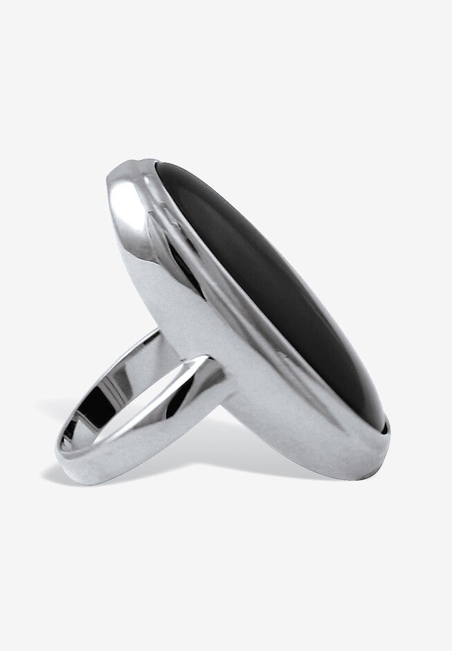 Silvertone Oval-Cut Natural Black Onyx Cabochon Ring, , on-hover image number null