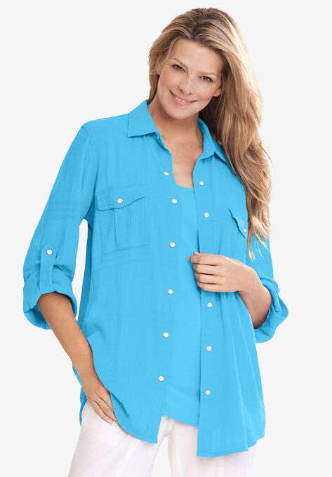 Cotton Gauze Bigshirt, PARADISE BLUE, hi-res image number null