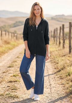 Open Stitch Zip Hoodie Long-Sleeve Sweater
