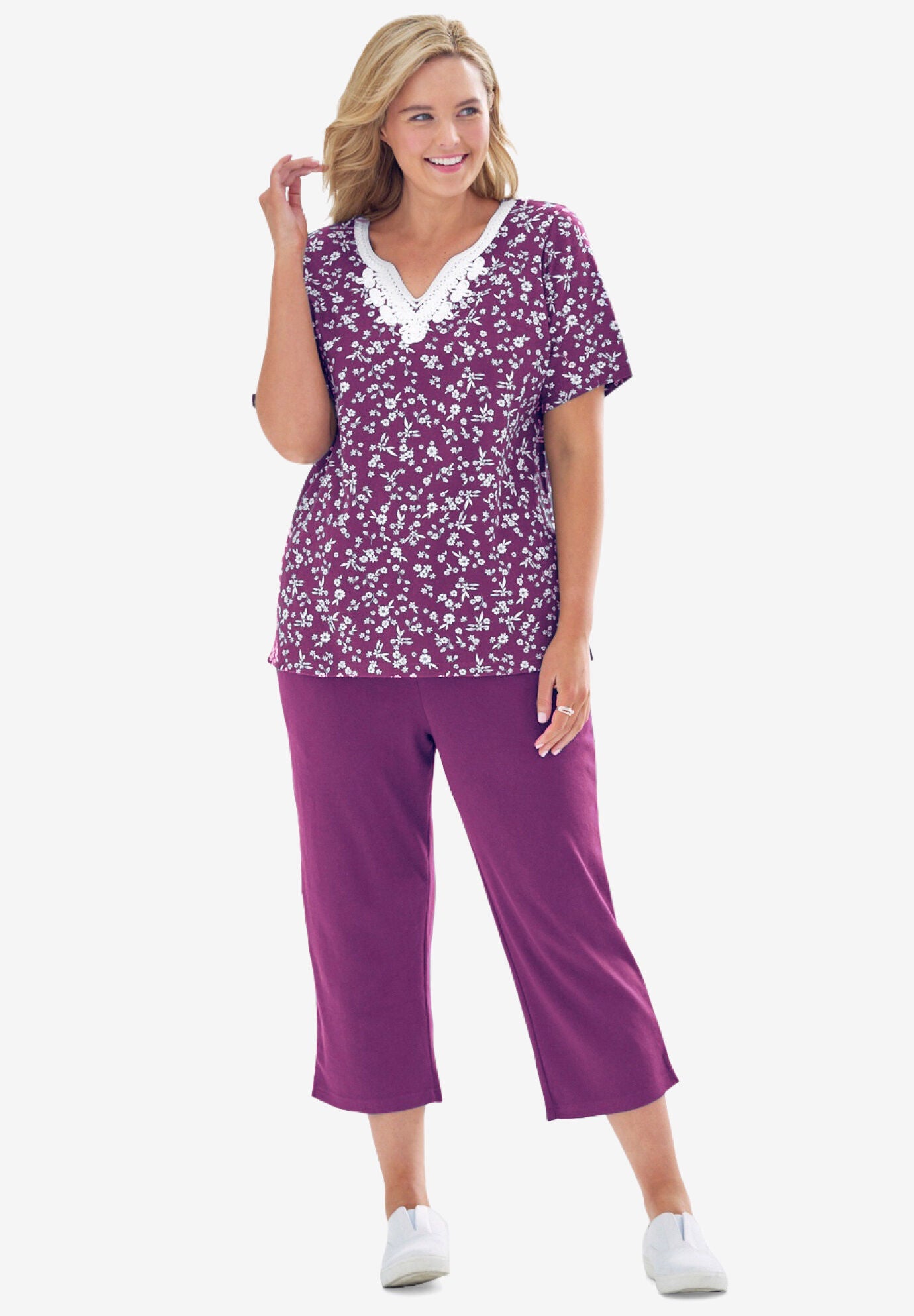 Kurta Style Tunic Capri Set Knit Pants Plum Purple Ditsy