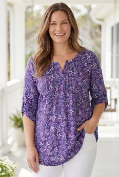 7-Day Three-Quarter Sleeve Pintucked Henley Tunic