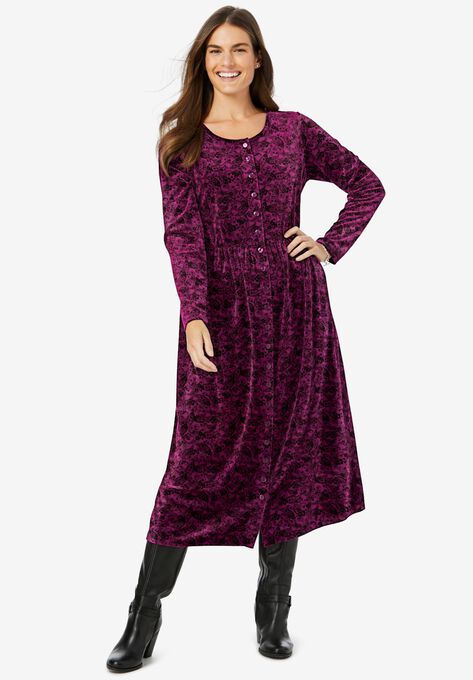 21-Button Velour Dress, DEEP CLARET FLORAL PAISLEY, hi-res image number null