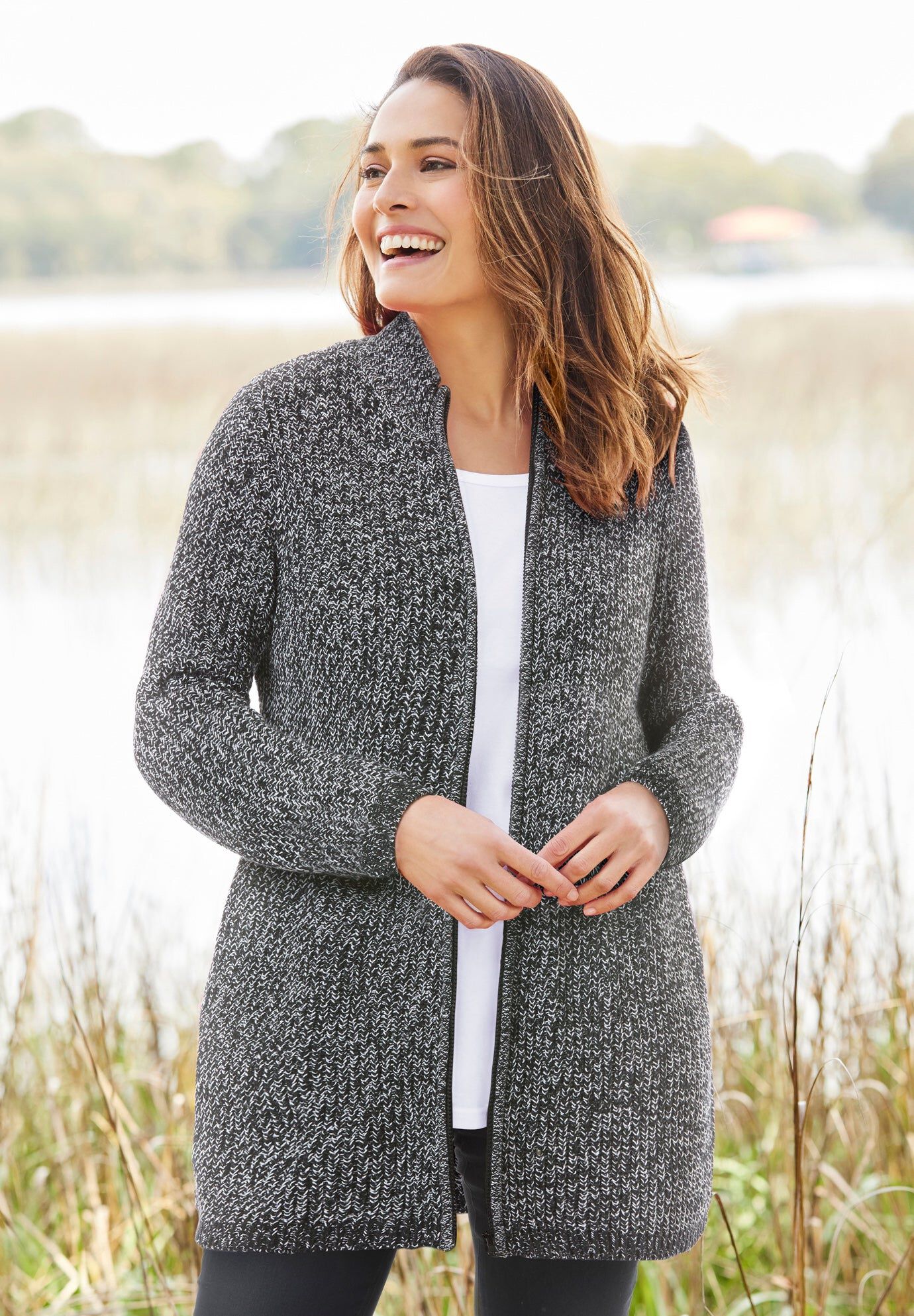 Zip Front Shaker Cardigan with Pockets, Black White Marled | Woman