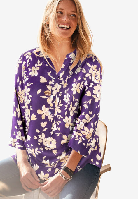 Three-Quarter Sleeve Tab-Front Tunic, RADIANT PURPLE PAINTED FLOWER, hi-res image number null