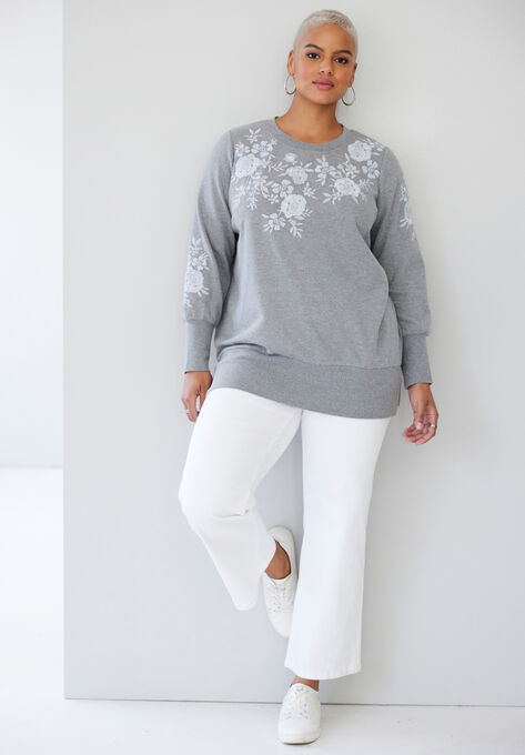 Embroidered Sweatshirt, MEDIUM HEATHER GREY ROSE EMBROIDERY, hi-res image number null