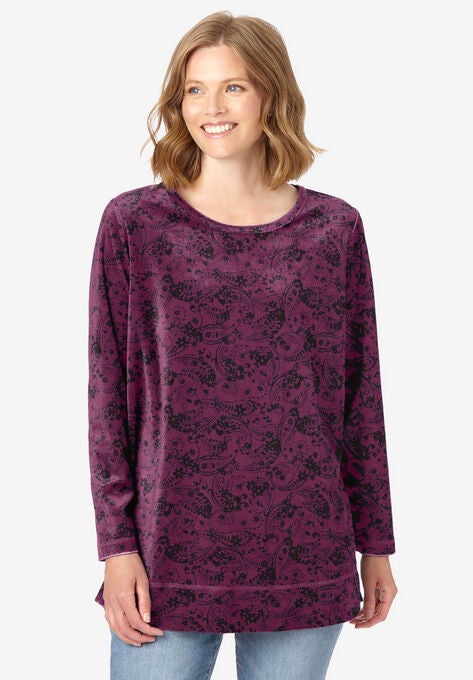 Plush Velour Tunic Sweatshirt, DEEP CLARET FLORAL PAISLEY, hi-res image number null