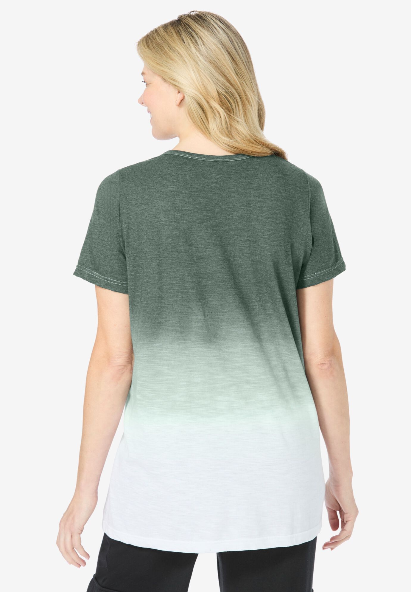 Short-Sleeve V-Neck Embroidered Dip Dye Tunic, PINE OMBRE, on-hover image number 1