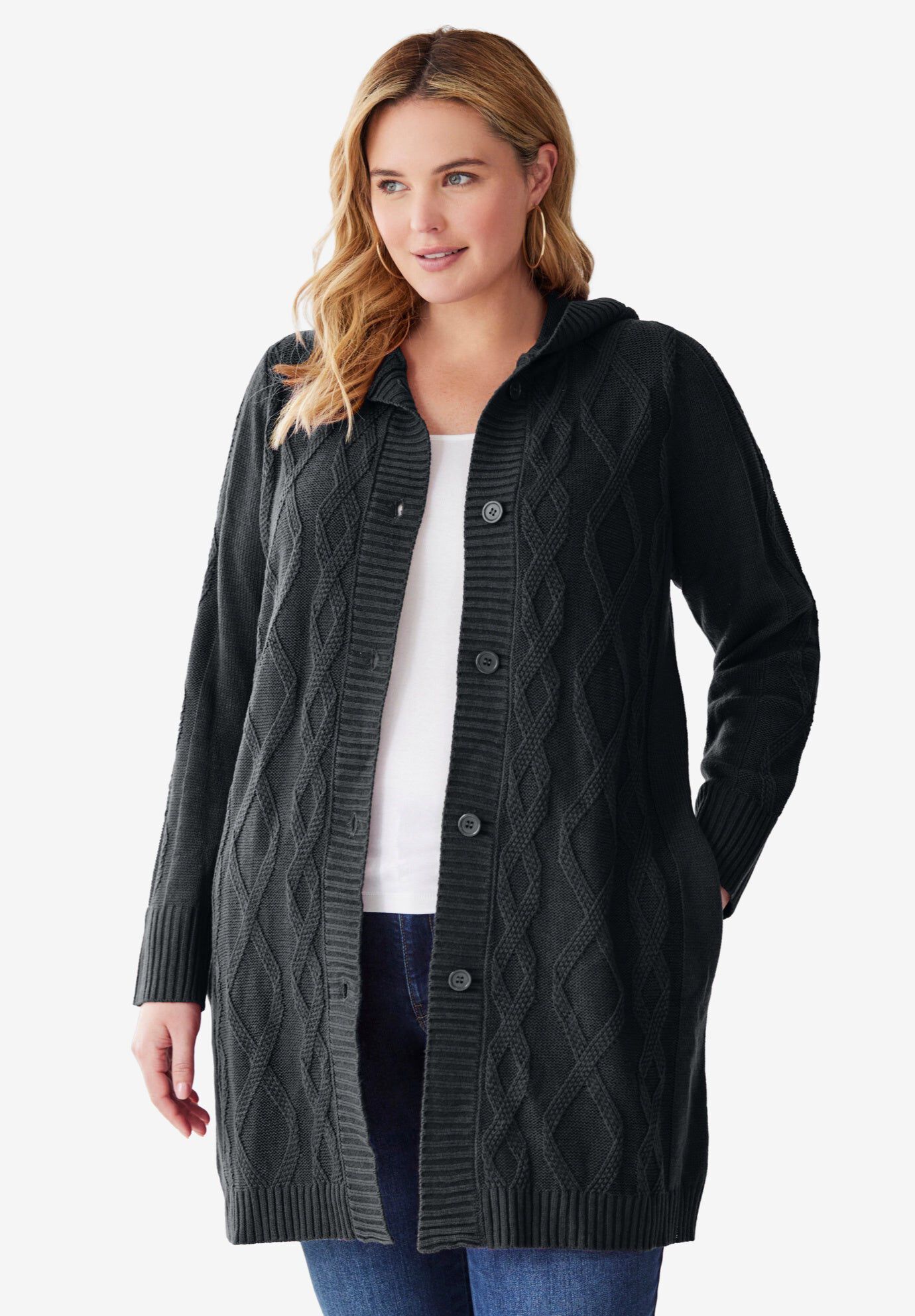 Cable Cardigan Hoodie Sweater, BLACK, hi-res image number 0