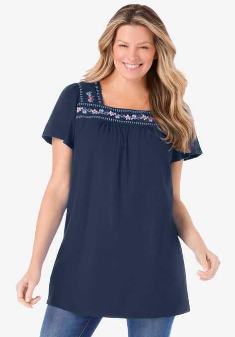Embroidered Square Neck Tunic, NAVY MULTI EMBROIDERY, hi-res image number null