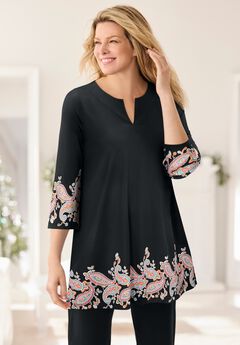 Contrast Notch-Neck Three-Quarter Sleeve Knit Tunic