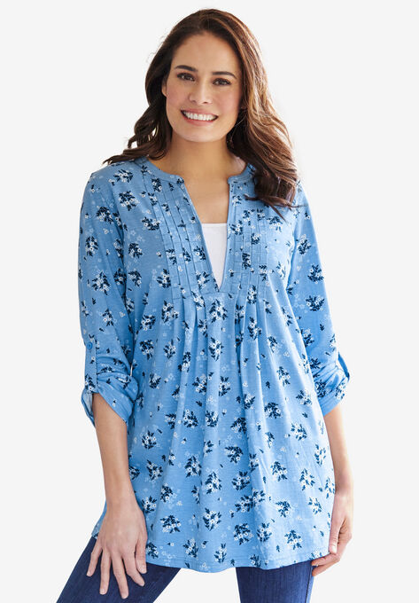Box-Stitched Split Neck Tunic, BLUE COAST DITSY BOUQUET, hi-res image number null