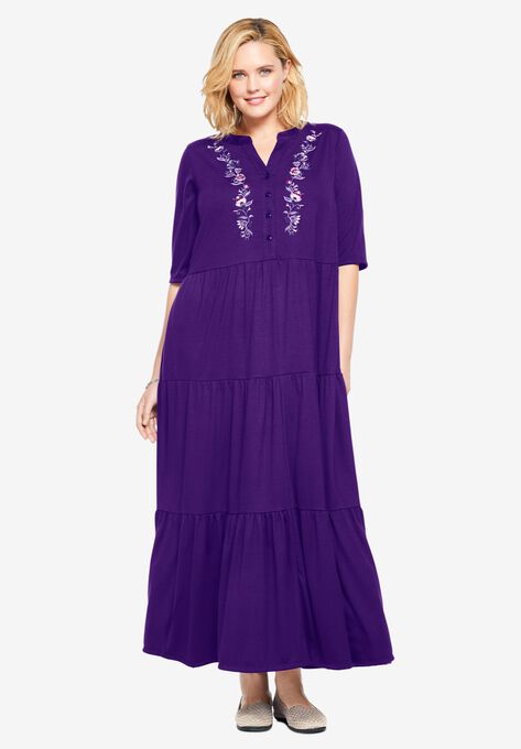 Elbow Sleeve Tiered Henley Dress Plus Size Casual Dresses Woman