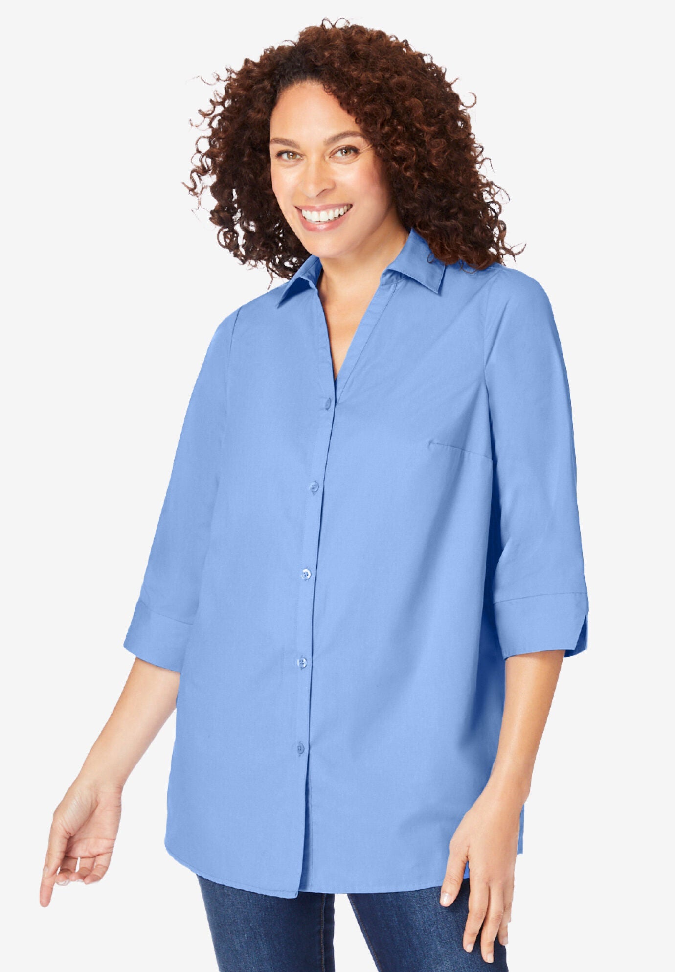Perfect Three-Quarter Sleeve Back Pleat Shirt, FRENCH BLUE, on-hover image number 1
