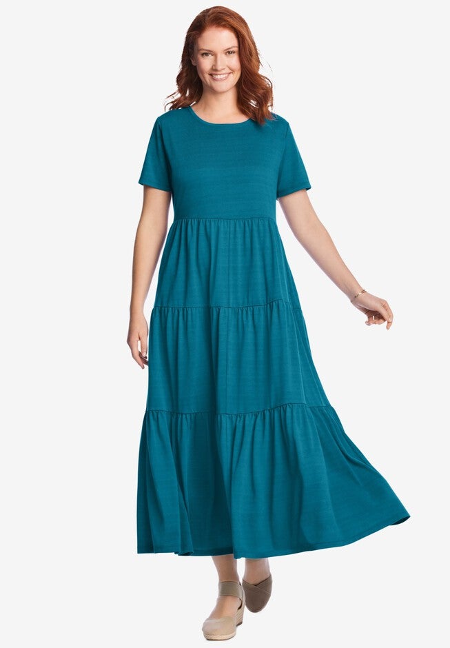 Plus Size Short-Sleeve Tiered Dress, Deep Teal | Woman Within Plus Size Short-Sleeve Tiered Dress, Deep Teal | Woman Within