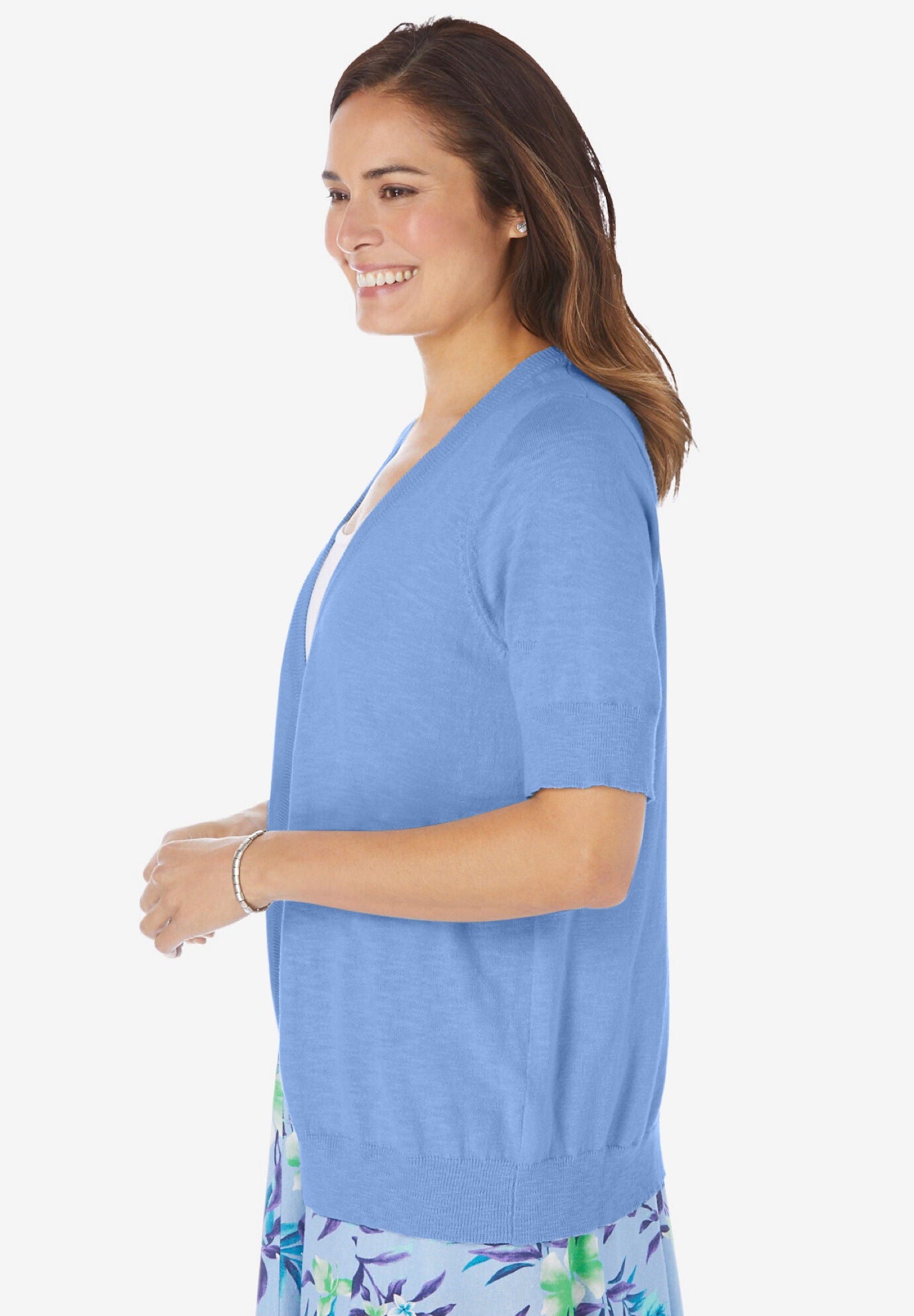 Lightweight V Neck Short Sleeve Cardigan Pretty Violet Woman Within