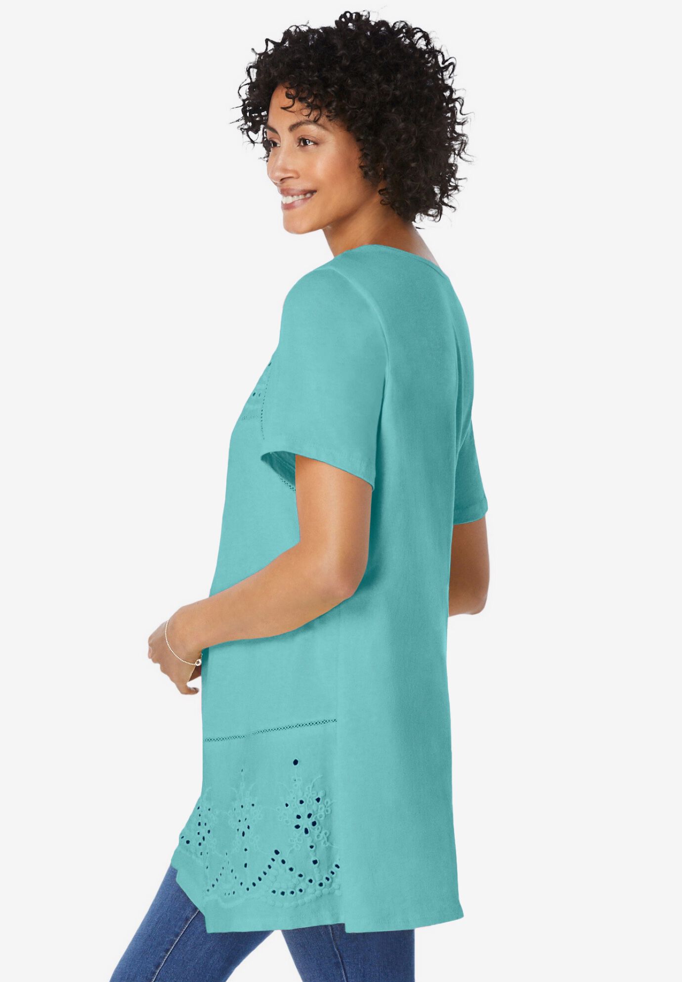 Embroidered Eyelet Pintucked Tunic, AZURE, alternate image number 2