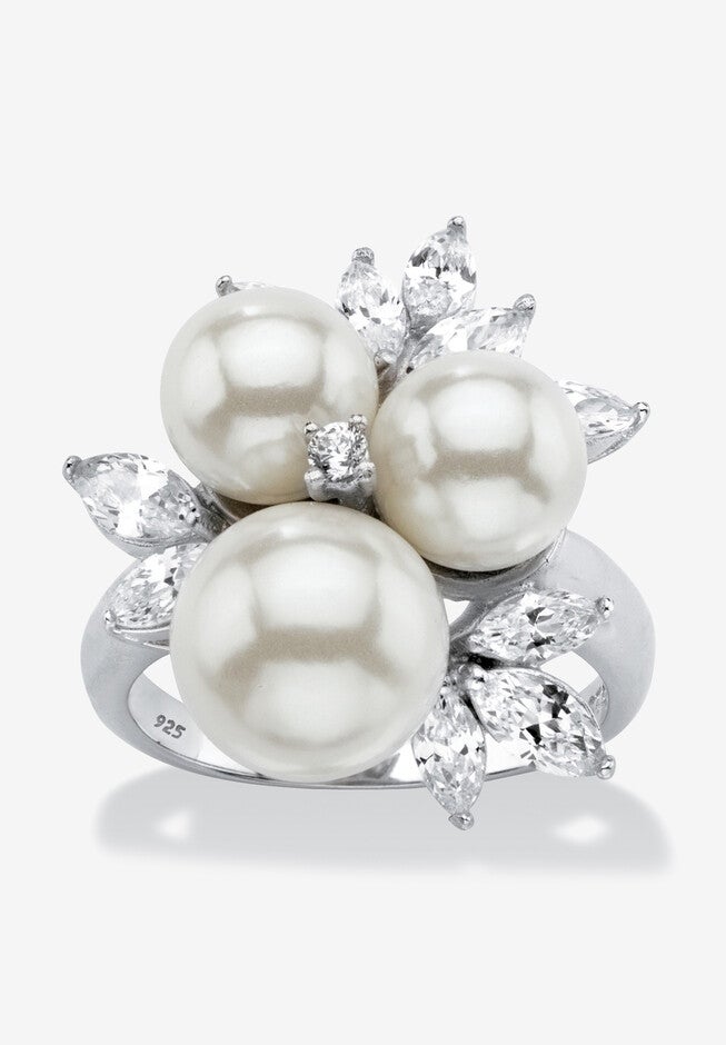 Platinum over Sterling Silver Simulated Pearl and Cubic Zirconia Ring, PLATINUM, hi-res image number 0