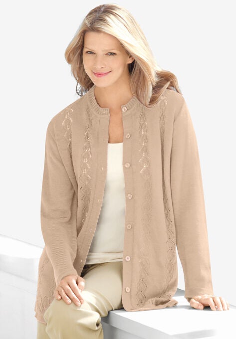 Long-Sleeve Pointelle Cardigan, NEW KHAKI, hi-res image number null