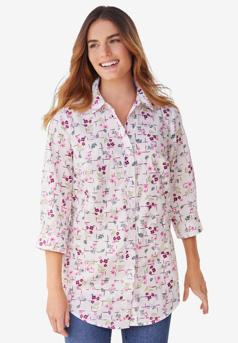 Perfect Three Quarter Sleeve Shirt, BRIGHT ROSE GRIDDED FLORAL, hi-res image number null